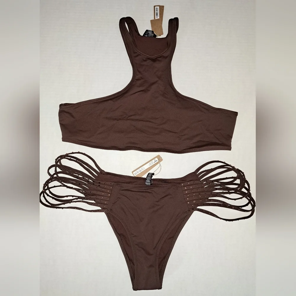 ❤️NWT SKIMS 2 Pc High neck racerback Swim Top Strappy Rhinestone Bikini COCOA 3X
